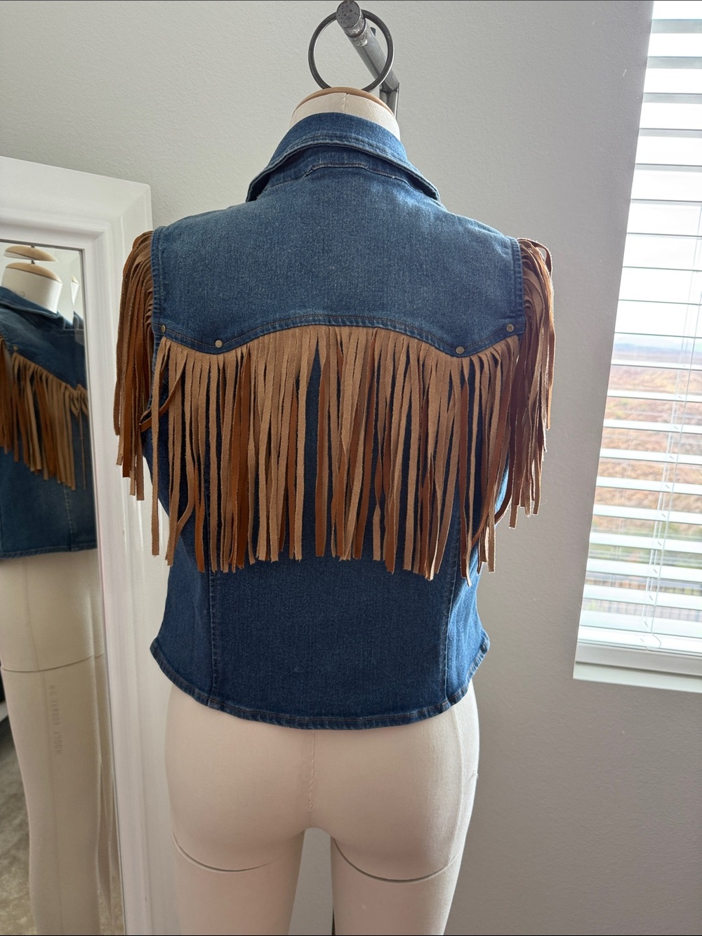 Saints & Hearts Denim Fringe Vest Jacket - Blue with Tan Fringe - Picture 3 of 6